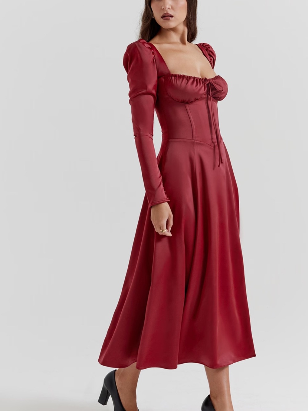 House of CB Burgundy Square-Neck Midi Dress